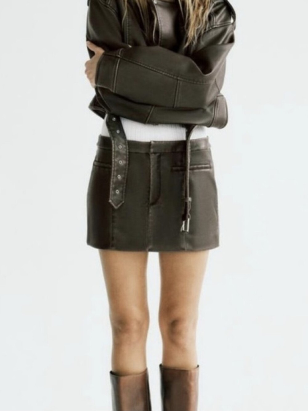 Zara Distressed Faux Leather Mini Skirt Olive Green Size XS